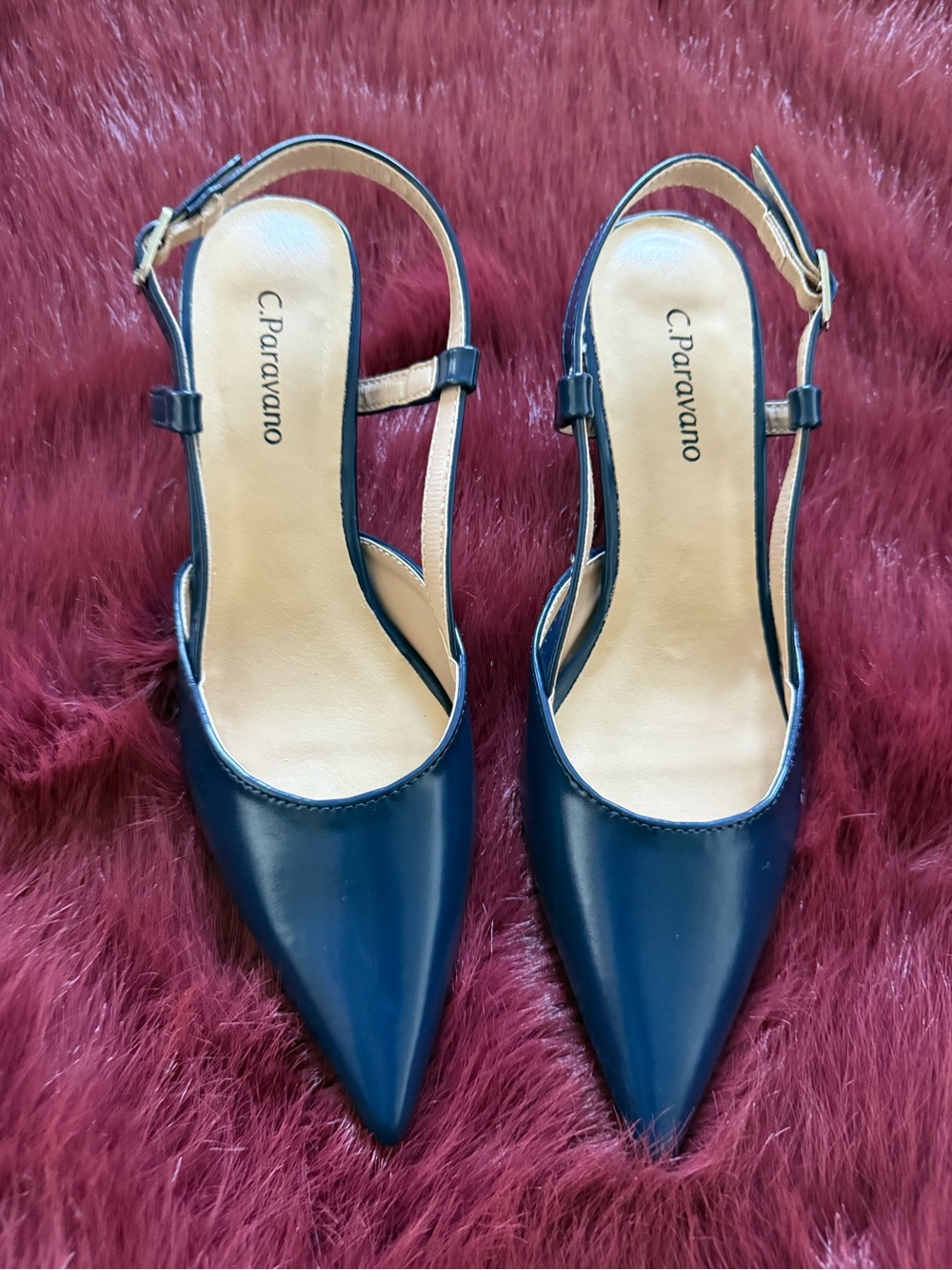 C. Paravano Navy Pointed Toe Slingback Pumps Kitten Heels Size 36 NWOB. - Picture 9 of 10
